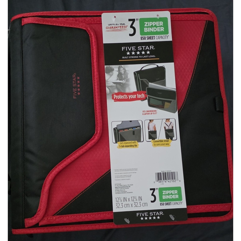 5 Star 3" Zipper Binder Black & Red 3-Ring Binder with Shoulder Strap Brand New